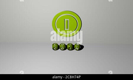 3D graphical image of coin vertically along with text built by metallic cubic letters from the top perspective, excellent for the concept presentation and slideshows. illustration and business Stock Photo