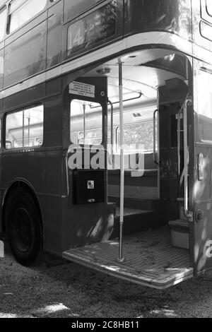 September 2019 - Rear open platform of a London double decker bus at The Goodwood Revival Stock Photo