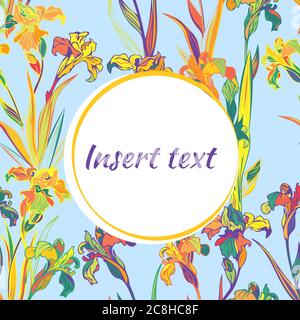 Vector background for design. Blooming irises, color, rainbow image with place to insert text. Stock Vector