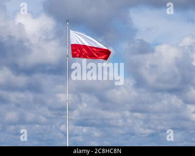 on a flagpole the red and white flag of Poland is waving Stock Photo