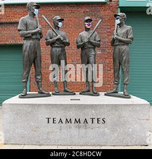 July 23, 2020: General view of a statue in honor of Boston Red Sox teammates, wearing face masks, outside of Fenway Park, on Thursday, July 23, 2020 in Boston, Massachusetts. The 2020 season had been postponed since March due to the COVID-19 pandemic. Rich Barnes/CSM