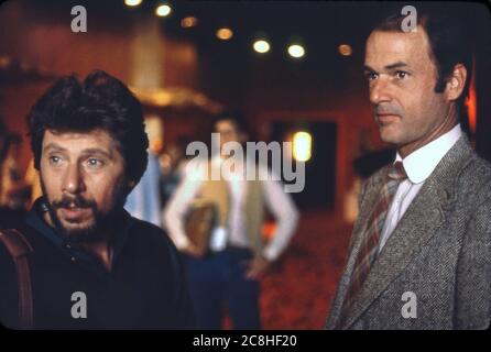 Production shot of television show Lou Grant with actors Robert Walden and Jack Bannon. Stock Photo