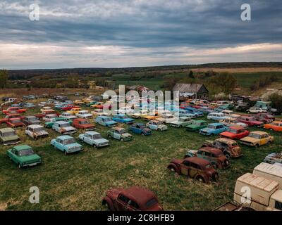 Old rusty abandoned retro cars, aerial view, Tula region, Chernousovo