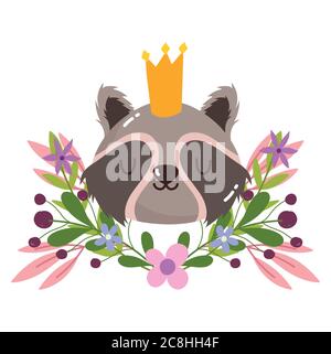 cute raccoon head with crown animal flowers foliage nature decoration cartoon vector illustration Stock Vector