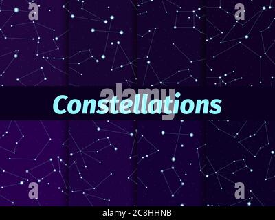 Constellations seamless pattern set. Starry night sky map. Cluster of stars and galaxies. Deep space. Vector illustration Stock Vector