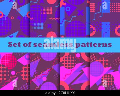 Memphis seamless patterns set. Geometric elements of Memphis in the style of the 80s. Colorful background for promotional items, wrapping paper and pr Stock Vector