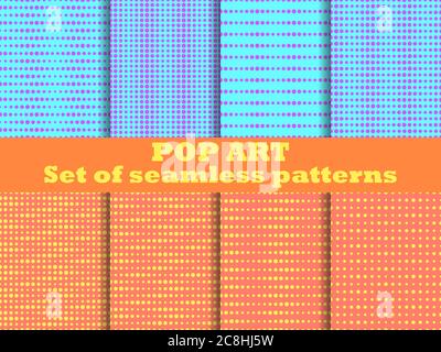 Dotted, Pop Art seamless pattern set. 1960s pop art background for promotional items, wrapping paper and printing. Vector illustration Stock Vector