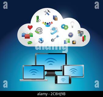 Wifi electronics connection and cloud illustration design over blue Stock Vector