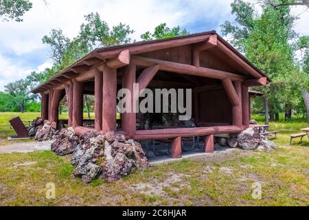 Juniper Picnic Shelter built by the CCC in Theodore Roosevelt National Park, North Unit, in North Dakota, USA Stock Photo