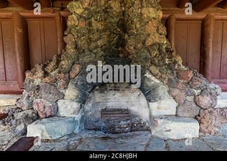 Juniper Picnic Shelter built by the CCC in Theodore Roosevelt National Park, North Unit, in North Dakota, USA Stock Photo