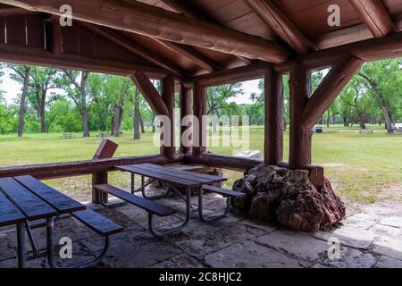 Juniper Picnic Shelter built by the CCC in Theodore Roosevelt National Park, North Unit, in North Dakota, USA Stock Photo