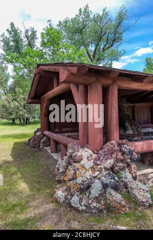 Juniper Picnic Shelter built by the CCC in Theodore Roosevelt National Park, North Unit, in North Dakota, USA Stock Photo