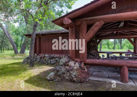 Juniper Picnic Shelter built by the CCC in Theodore Roosevelt National Park, North Unit, in North Dakota, USA Stock Photo