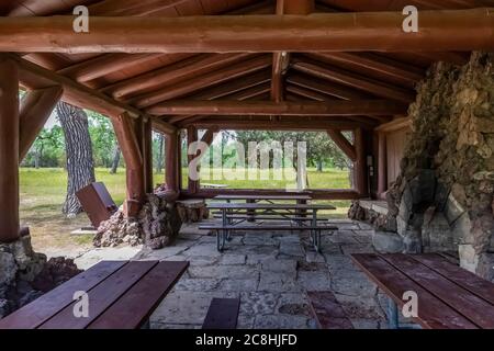 Juniper Picnic Shelter built by the CCC in Theodore Roosevelt National Park, North Unit, in North Dakota, USA Stock Photo