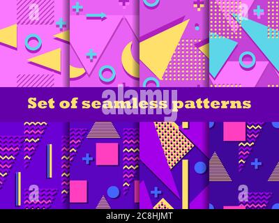 Memphis seamless patterns set. Geometric elements of Memphis in the style of the 80s. Colorful background for promotional items, wrapping paper and pr Stock Vector