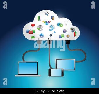 Cloud computing connection icons and electronics. illustration design over a blue background Stock Vector