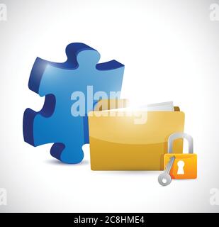 Puzzle piece folder and lock illustration design over a white background Stock Vector