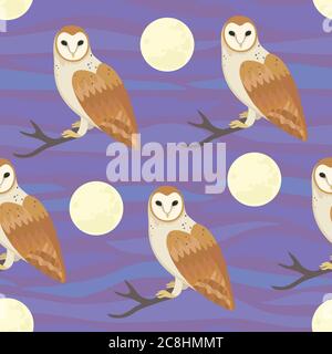 Vector seamless pattern with fool moon and owls.  Stock Vector