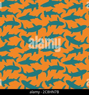 Seamless pattern with cute sharks silhouette. Vector illustration. Stock Vector