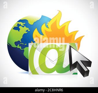 Globe and email on fire. illustration design over a white background Stock Vector