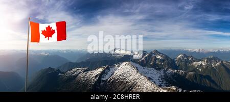 Canadian National Flag Overlay. Aerial Panoramic View of Beautiful Canadian Mountain Landscape Stock Photo