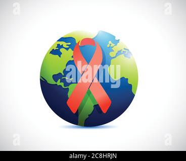 Globe and red support ribbon illustration design over a white background Stock Vector