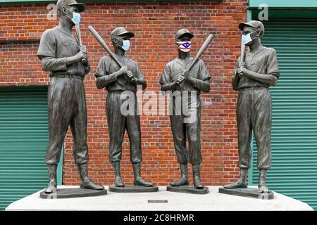 July 23, 2020: General view of a statue in honor of Boston Red Sox teammates, wearing face masks, outside of Fenway Park, on Thursday, July 23, 2020 in Boston, Massachusetts. The 2020 season had been postponed since March due to the COVID-19 pandemic. Rich Barnes/CSM