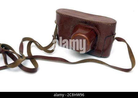 Soviet camera FED · leather case, russian camera case, fed 3, photography, camera case, leather camera case, old leather case, old leather case, brown Stock Photo