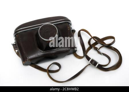 Soviet KIEV camera, Leather case, Russian camera case, , photography, camera case, leather camera case, old leather case, old leather case, brown, mad Stock Photo