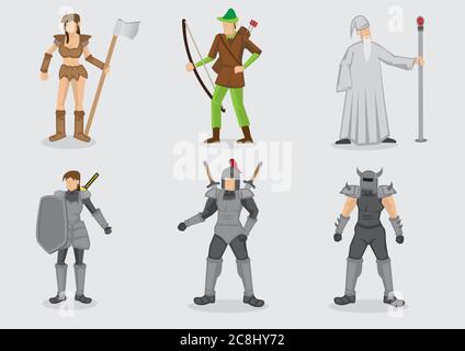Vector illustration of cartoon character design and their weapons for medieval fantasy theme games isolated on plain background. Stock Vector