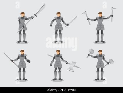 Set of six vector illustrations of woman in medieval knight armor suit holding variety of battle weapon isolated on plain background. Stock Vector