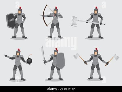 Set of six vector cartoon illustration of ancient knight warrior wearing armor and holding different weapons for battle isolated on plain background. Stock Vector