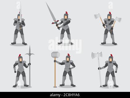 Set of six vector cartoon illustration of medieval knight warrior in armor holding different weapons isolated on plain background. Stock Vector