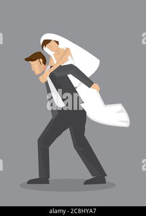 Cartoon vector illustration of bridegroom carrying bride on his background isolated on grey background. Stock Vector