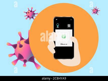 Concept of application for tracking coronavirus outbreak in smartphone. Check in and out by scan QR code for location of traveling. Stock Vector