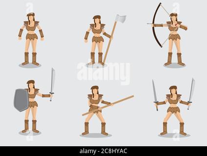 Set of six vector illustrations of fictional woman warrior with variety of ancient weapons isolated on plain background. Stock Vector