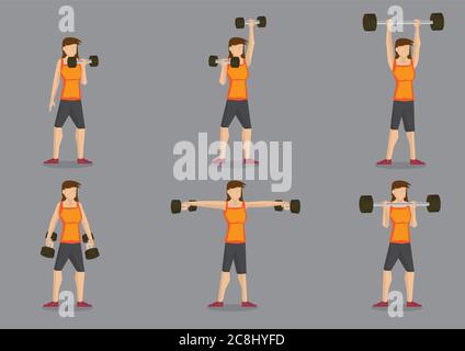 Set of six vector illustration of woman doing weights training with dumbbells isolated on grey background. Stock Vector