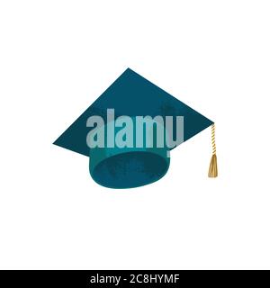 Graduation cap. Academic hat with tassel. Vector illustration in flat cartoons style with texture. Isolated on white background. Stock Vector