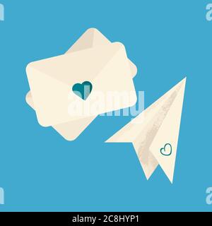 letter and paper airplane in air mail service conceptoin drawing in cartoons flat style. Isolated on blue background. Paper airplane with envelope. Ai Stock Vector