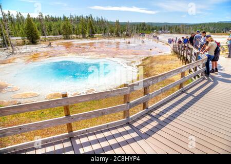 Wyoming, USA - Aug 24, 2019: Visitors at Silex Spring, a hot spring pool in the Lower Geyser Basin of Fountain Paint Pot at Yellowstone National Park. Stock Photo