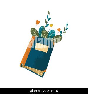 Notebook vector illustration in flat cartoons style with texture. Closed notebook with flowers and plants isolated on white background. Notebook. Flat Stock Vector