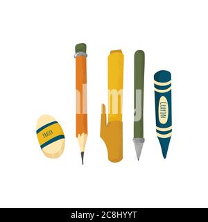 School supplies and items set isolated on white background. Back to school equipment. flat vector illustration in cartoons style isolated on white bac Stock Vector