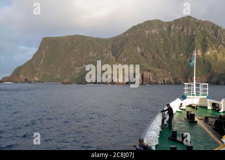 Foredeck of Expedition Cruise ship "Plancius" and Nightingale Island, Tristan Da Cunha Group, South Atlantic Ocean 13th April 2018 Stock Photo