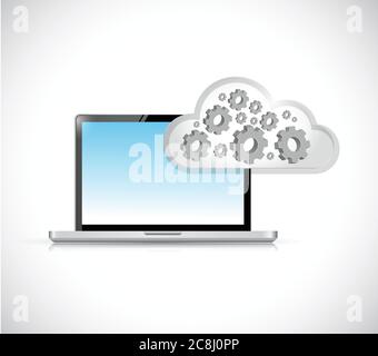 Laptop and cloud computing gear illustration design over a white background Stock Vector