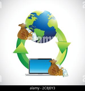 Globe cycle and money computer illustration design over a white background Stock Vector