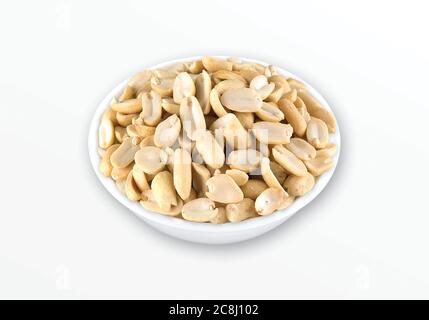 Roasted salted peanuts isolated on a white background, Arranged peanuts peeled, half peanut delicious crunchy snack closeup view, Roasted (Shing, sing Stock Photo