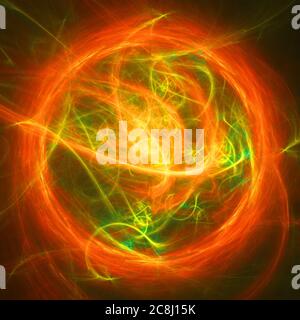 Neon glowing green and red twisted cosmic lines flying in the space. Turbulence curls flow colorful motion. Fluid and smooth astronomy vortex swirl Stock Photo