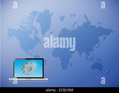 Industrial laptop computer over a world map background Stock Vector