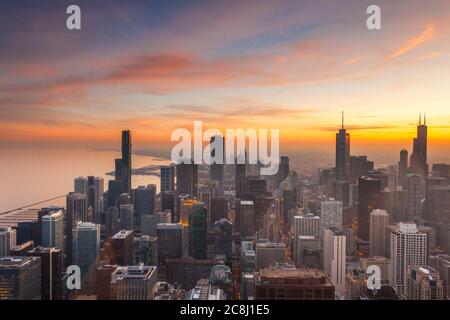 Aerial view of the Chicago skyline just after sinset Stock Photo