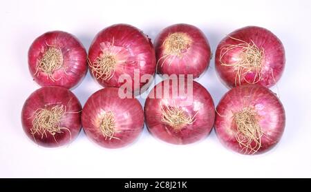 Red and gold onions isolated on white background. Collection. Group of purple onions ready to be sold, Full Frame Shot Of Purple Onions. Fresh whole p Stock Photo